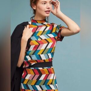 Anthropologie Maeve Geometric Mock Neck Knit Short Sleeve Top